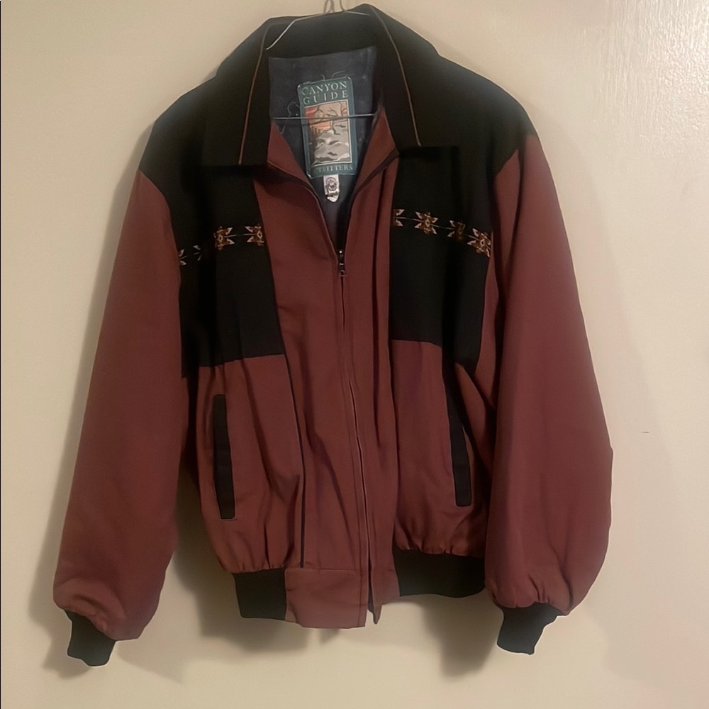 Brown and Black Varsity Bomber Jacket with Ribbed Collar